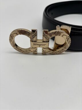 Salvatore Ferragamo Black Leather Belt with Gold Gancini Buckle